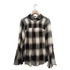 LANE Bryant Black & White Smocked Plaid Bell Sleeve Blouse Sz 16